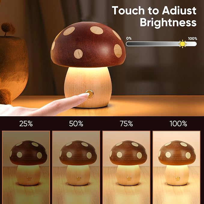 YIEONSHION LED Wood Mushroom Table Lamp, Rechargeable Cordless Touch Bedside Lamps, Wireless Stepless Dimming Night Light, Portable Battery Lamp for Bedroom Nightstand for Birthday Gifts (XMG-Small)