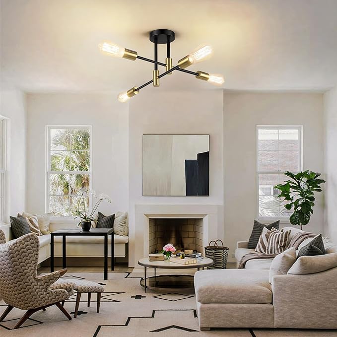 4-Light Modern Black and Gold Sputnik Chandelier | Industrial Semi Flush Mount Ceiling Light Fixture for Kitchen Dining Room Living Room Bedroom Foyer