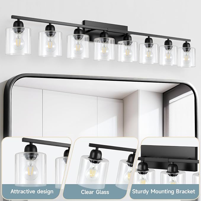 Modern 8 Light Bathroom Light Fixtures, 52 inch Vanity Lights for Bathroom with Clear Glass, Black Bathroom Light Fixture for Mirror Kitchen Living Room Hallway Cabinet Porch