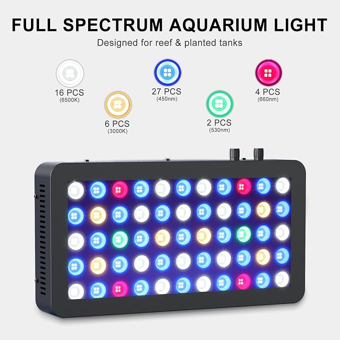 Wills Aquarium Light, 100W Full Spectrum LED Reef Lights, 16"x8"x2.4" | Coral Saltwater Fish Tank, Blue/White Dual Dimmable Channels, 55 Premium SMD LEDs, Daisy Chain Design, Hanging Kit