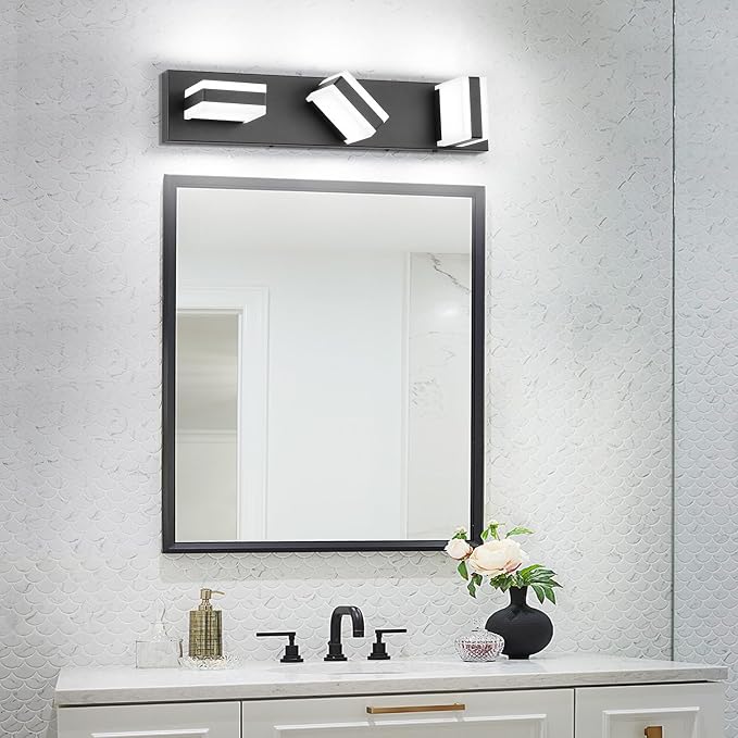 SOLFART LED Dimmable Black Vanity Light Over Mirror,3 Lights Bathroom Light Fixtures, Restroom Modern Vanity Lighting for Bathroom Cool Light 6000K