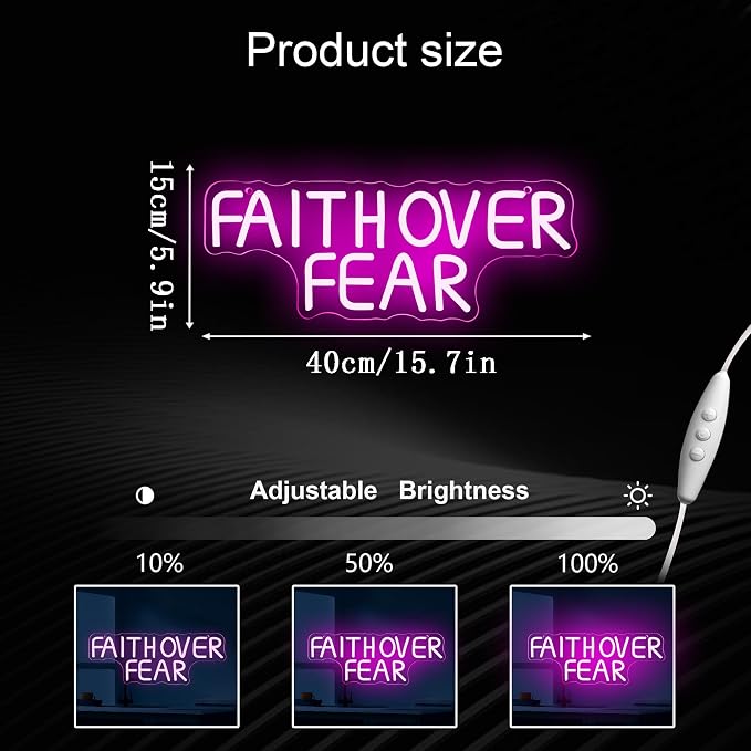 Faith Over Fear Neon Sign for Wall Decor, Dimmable Bible Verse LED Decor God Wall Art, USB Powered for Bedroom, Living Room, Office, Aesthetic Jesus Lover Gifts