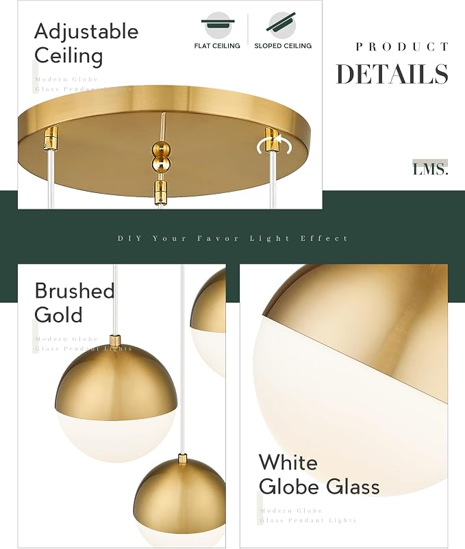 Brushed Gold 3-Light Cluster Pendant Lights, Modern Kitchen Island Lighting with White Globe Glass Shade, Adjustable Hanging Cord Ceiling Light for Bathroom Bedroom Dining Room, LMS-186BG3