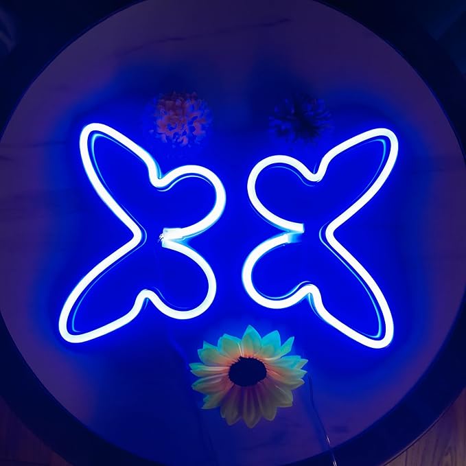 Butterfly Neon Signs for Wall Office Dorm Wedding Birthday Party Room Decor,Neon Butterfly Led Signs Butterfly Decorations for Teen Girls,USB or 3-AA Battery Powered(2Pack Blue)