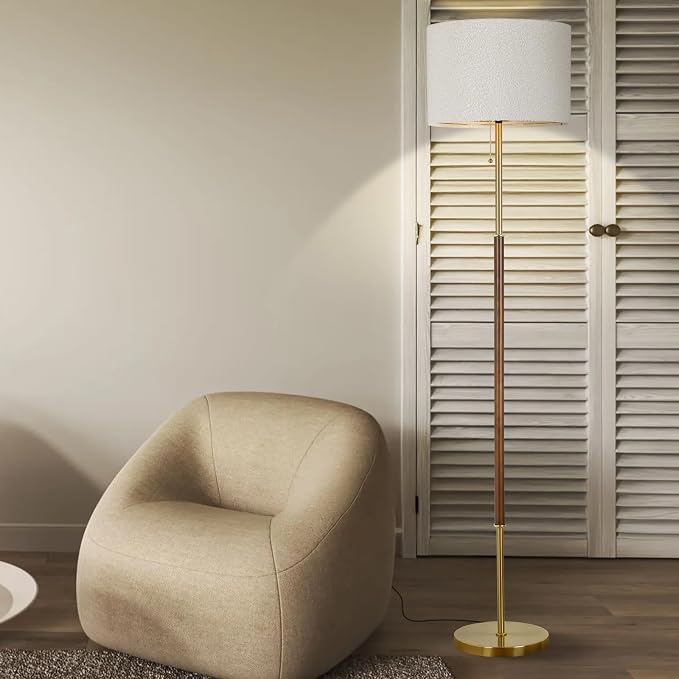 LALISU Wood Floor Lamp for Living Room Gold Traditional Farmhouse Floor Lamps Mid-Century Pole Lamp with Linen Lamp Shade, Standing Tall Floor Lamps for Bedrooms and Office (Gold)