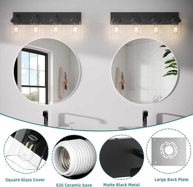 Bathroom Vanity Light, Clear Glass Shade 4 Lights Morden Bathroom Lighting Fixtures Over Mirror, Black Bathroom Light Vanity Fixtures for Bathroom/Living Room/Bedroom