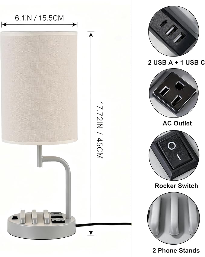 Dreamholder 2 Pack Table Lamp, Bedside Lamp with 3 USB Charging Ports & AC Outlet, USB Desk Lamp with 2 Phone Holders, Linen Fabric Shade Nightstand Lamps for Bedroom Living Room Office, Gray