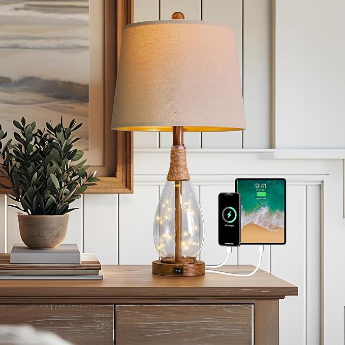 23" USB A+C Table Lamp for Bedroom Living Room Modern Bedside Lamps Retro Farmhouse Rattan Glass Nightstand Nightlight Lamps,Two Light Points