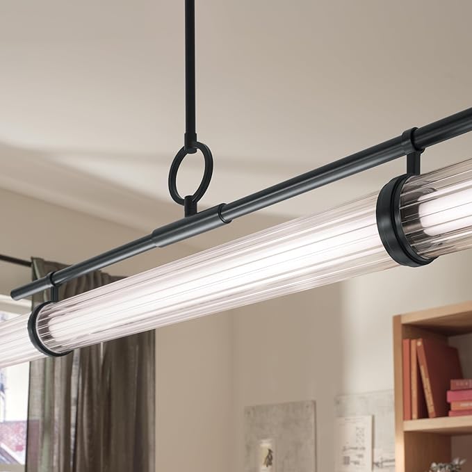 Kichler Riven LED 1-Light Linear Chandelier with Clear Fluted Glass in Black, Sloped Ceiling Compatible, for Kitchen or Dining Room (9.5" x 8" x 48.25"), 52753BKLED