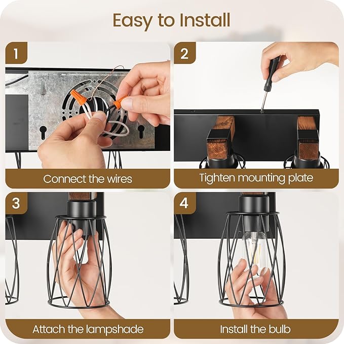 Industrial Farmhouse Bathroom Vanity Light, 4-Light Wood and Metal Wall Light Fixture, E26 Bulbs Not Included, for Bathroom, Vanity, Hallway, Black and Rustic Brown B20BD05