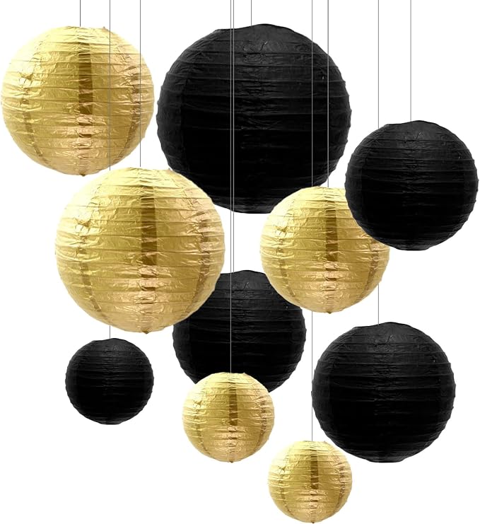 ZOOYOO 10pcs Paper Lanterns,Black Gold Round Hanging Paper Lanterns Decorations for Graduation,Anniversary,New Year,Farewell,Retirement,Birthday Party,Graden Decor