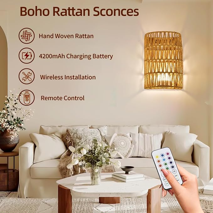Battery Operated Rattan Wall Sconces Set of Two, Cordless RGB | Handwoven boho wicker set of 2, 100% wireless battery operated, 15 RGB colors with remote, renter friendly multi-scene light