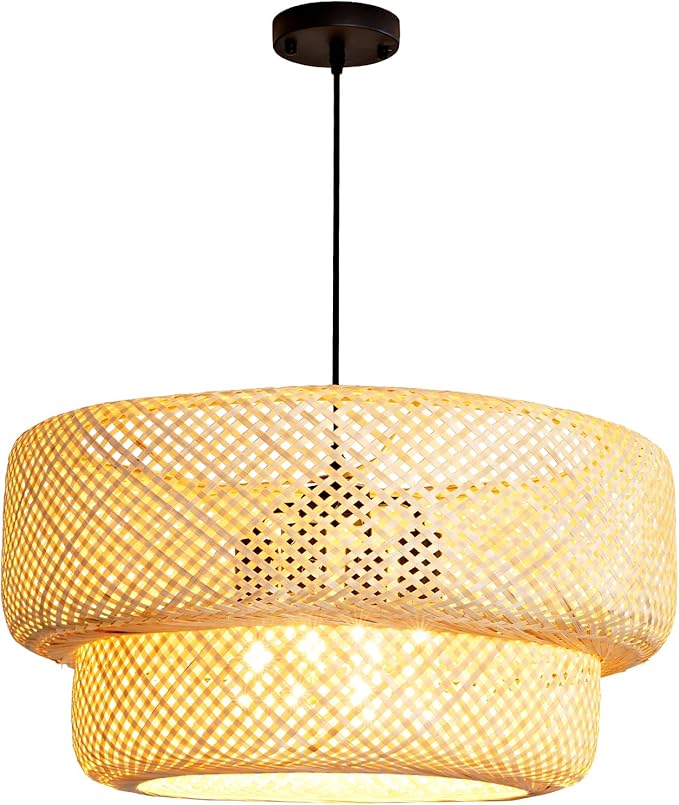 Woven Bamboo Pendant Light,23.6" Rattan Chadelier | 23.6" Boho Bamboo Chandelier,Hand Woven Wicker Hanging Light for Kitchen Island Dining Bedroom Living Room Restaurant