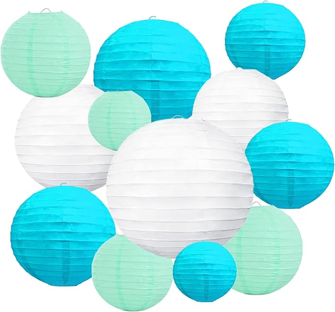 20Pcs Blue Light Blue White Paper Lanterns for Parties, 6” 8” 10” 12” Chinese Asian Hanging Round Paper Lanterns for Birthday Wedding Halloween Christmas Home Decor Party Decor