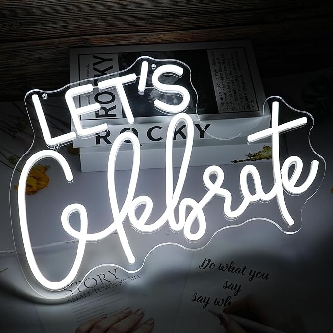 Let's Celebrate Neon Sign Dimmable White Neon Light Let's Celebrate Neon Signs for Wall Decor Powered by USB Words LED Lights for Bedroom Party Thanksgiving(16.5"x11.8")
