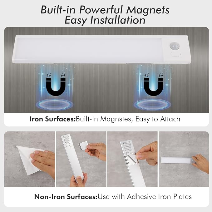2 Pack Under Cabinet Lighting, 3 Colors & Dimmable Motion Sensor Light Indoor, 900mAh Rechargeable Under Cabinet Lighting Magnetic for Kitchen, Stairs, Closets, White(ABS+PC)