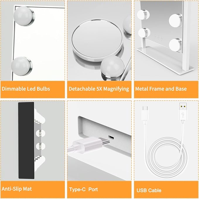 Dirket Vanity Mirror with Lights, Hollywood Lighted Makeup Mirror with 3 Color Lighting Modes and 12 Dimmable Bulbs, Detachable 5X Magnification, Smart Touch Control, 360°Rotation, White