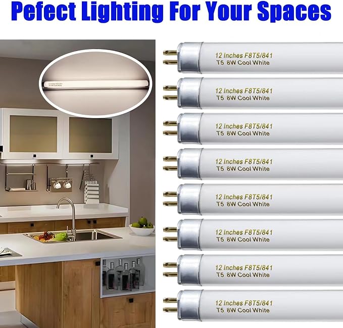 Konideke 8 Pack F8T5/CW Fluorescent Bulbs, T5 12 inch 8 Watts Under Cabinet Light Bulb Cool White, G5 Mini Bi 420 Lumen
