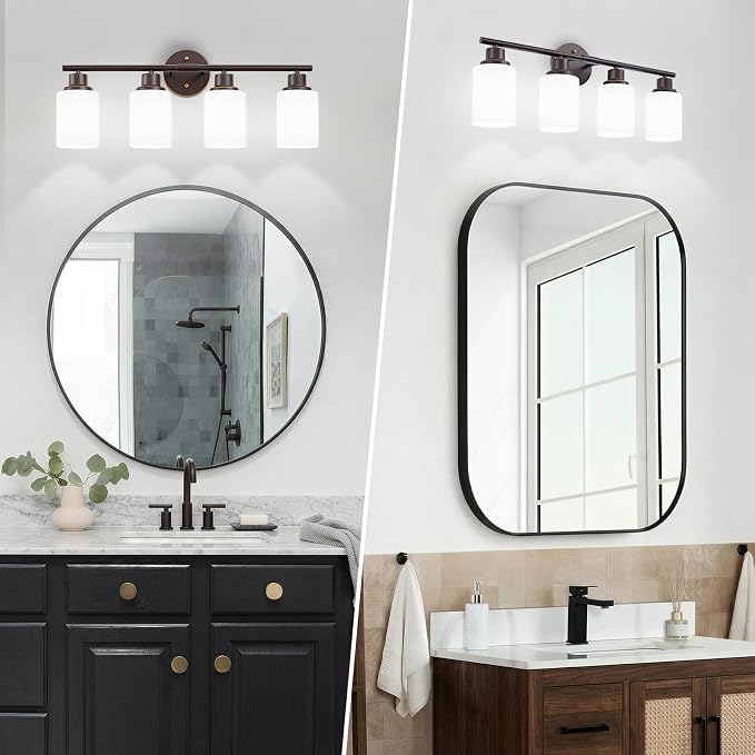 4-Light Bathroom Light Fixtures, E26 Oil-Rubbed Bronze Gold Vanity Lights for Mirror with Textured Milky White Glass Shade, Modern Kitchen Light Fixtures Wall Sconce Light