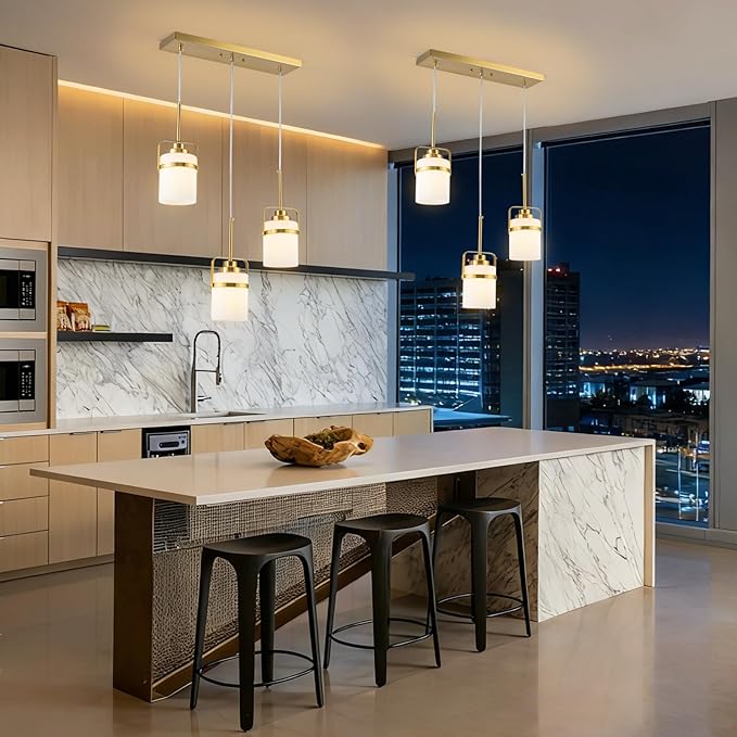 Brass 3-Light Pendant Lighting, Adjustable Hanging Light Fixture with Milk Glass Shade, Modern Pendant Light for Kitchen Island Dining Room Bar Over Sink/Table/Counter