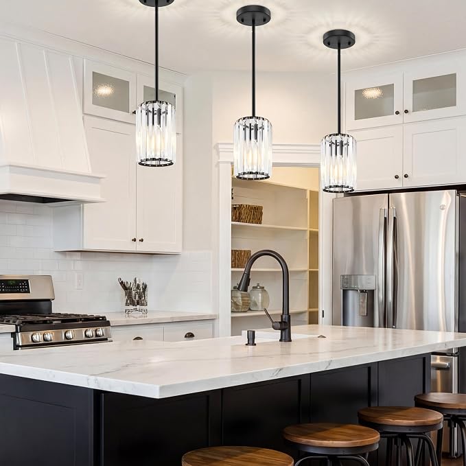 Black Pendant Light, Modern Crystal Pendant Lights Kitchen Island, Kitchen Island Lighting with Adjustable Height, UL Certified Island Lights for Kitchen Dining Room Bedroom Hallway 3 Pack