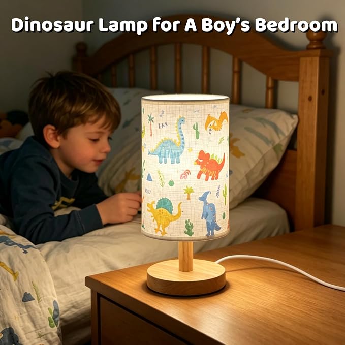Dinosaur Lamp for Kids Bedrooms Bedside,Dinosaur Room Decor for Boys, 3-Way Dimmable LED Small Night Light with Linen Fabric Lampshade and Wood Base for Bedrooms Living Study,Dino Gifts for Boys