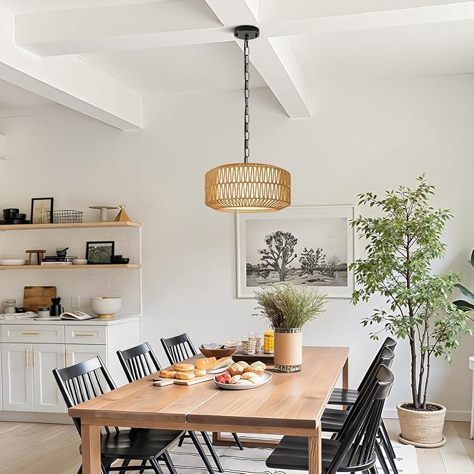 9"-52" Height Adjustable Farmhouse Chandelier Light Fixture, 1-Light Rattan Boho Chandeliers for Dining Room, Hand Woven Pendant Light with Linen Shade, Rustic Hanging Lighting for Kitchen Island