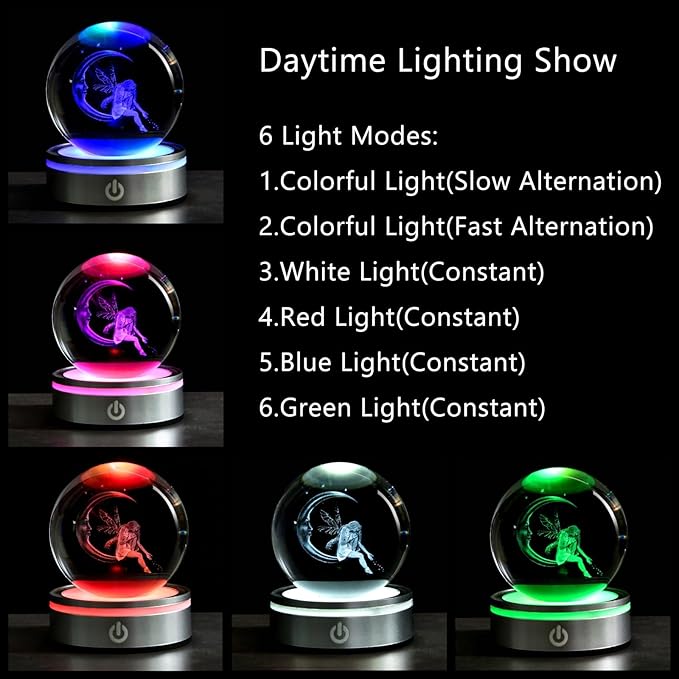 3D Moon Fairy Crystal Ball with LED Stand, 80mm Fairies Figurines Decor Glass Sphere Balls Lamp Night Light Gifts for Women Kids Mom Girls
