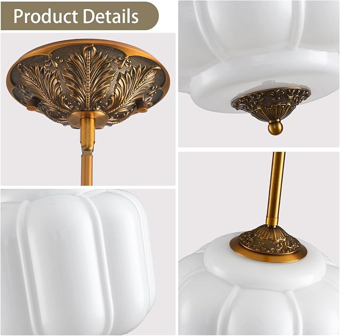 LOUSACE 10 Inch Vintage Milk Glass Ceiling Light Fixture, Semi Flush Mount Pendant Light with White Glass Shade, Ceiling Light for Kitchen Hallway Dining Room Bedroom (Bulb Included)
