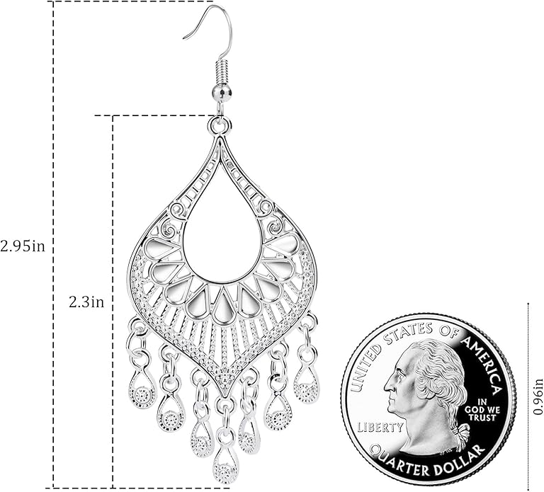 Silver 14K Gold & Rose Gold Plated Boho Chandelier Earrings – Intricate Bohemian Earrings with Filigree and Tassel Earrings for Women Trendy
