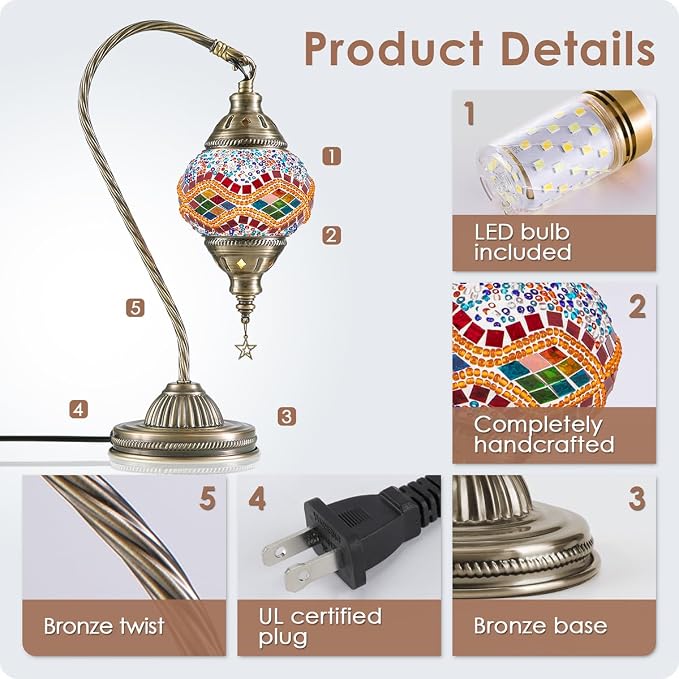 Yarra-Decor Turkish Moroccan Lamp with Bronze Base 3 Color Options Handmade Swan Neck Mosaic Glass Bedside Lamps for Bedroom (LED Bulb Included)(Orange2)