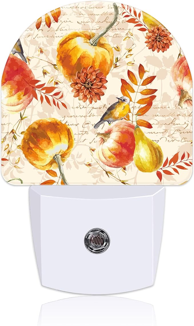 Autumn Fall Pumpkins and Leaves Night Light Plug into Wall with Dusk to Dawn Sensor Cute Nightlight for Kid Girls Boys Women Men Room Decor, Hallway, Kitchen, Bathroom, Nursery, Stairs