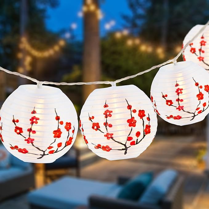 RJZZ Chinese New Year Decorations 2026 Lunar New Year Decorations 2026 9.4FT Cherry Blossom Lights Plum Blossom Lantern String Lights Battery Operated 10 Count Japanese Decor Chinese Lanterns Lights