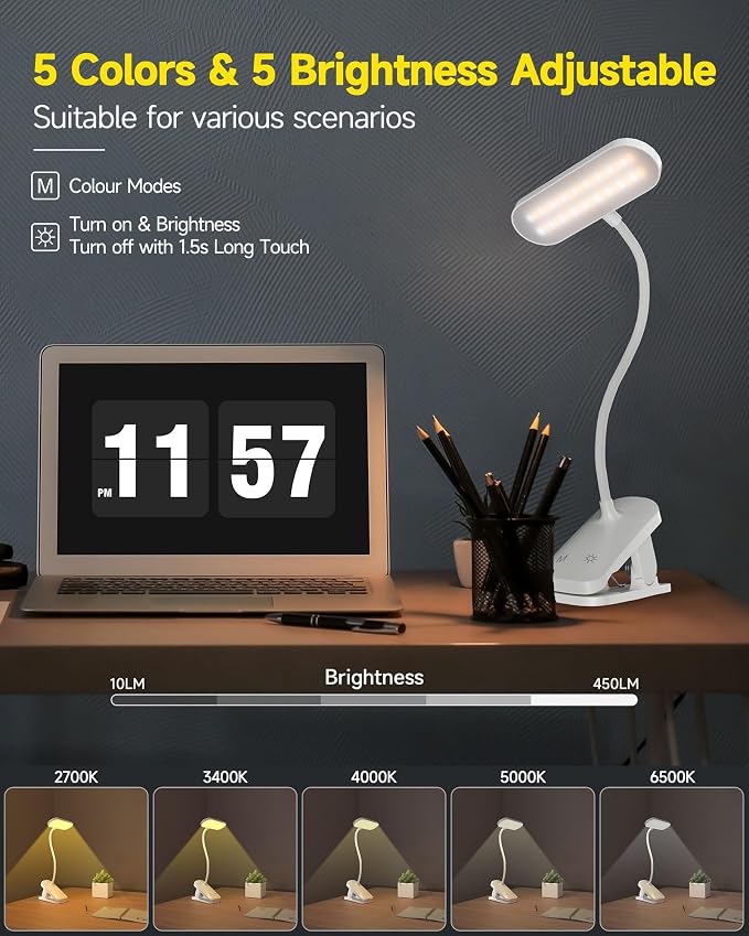 CUHIOY Rechargeable Clip on Light, Bed Headboard Reading Lamp, White | Portable Cordless Battery-Operated USB-C, 5 Colors 5 Brightness Goose-Neck, Flicker-Free Clamp Desk Light, Study or Craft Use