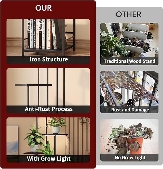 Plant Stand Indoor with Grow Light - 6-Tier Metal Plant Shelf with Hanging Basket Hook, Corner Tall Flower Holder for Multiple Plants, Living Room Balcony Garden Patio, Black