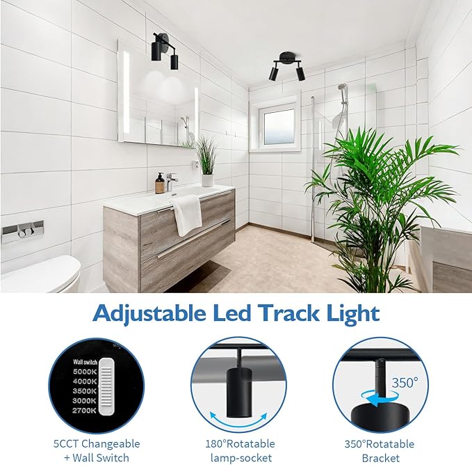 Jolux LED 2 Light Track Lighting Kit, Black 2 Way Ceiling Spot Lighting Fixture, Flexibly Rotatable Light Head with Included 2 GU10 Bulbs (750LM, Select 5CCT) for Kitchen, Gallery Art Walls, Hallway