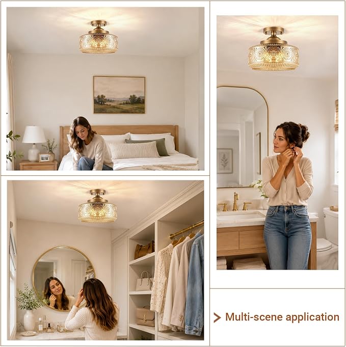 3-Light Semi Flush Mount Ceiling Light, Brushed Antique Brass Vintage Ceiling Light Fixture, Hallway Lighting Fixture with Amber Glass, 12In Bedroom Ceiling Mount Light for Kitchen Bathroom, E12*3
