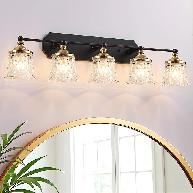 Vintage Bathroom Vanity Light Fixtures, Black and Gold 5-Light Vanity Light, Antique Bathroom Lighting Fixtures Over Mirror with Crystal Glass Shade, Vanity Lights for Bedroom Living Room Hallway