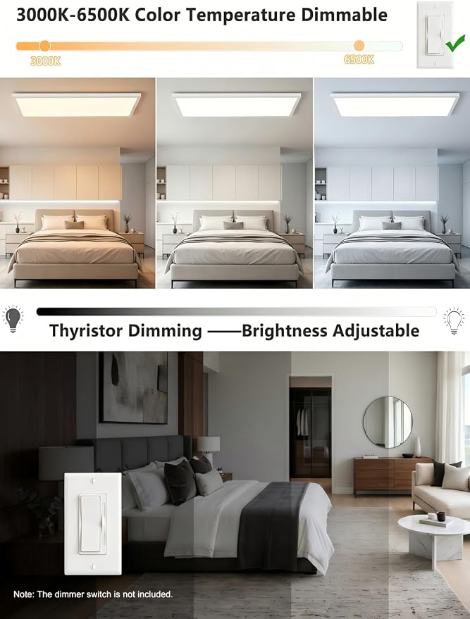 2Pack White 37.8In Flush Mount Ceiling Light, 24W 5280lm Thyristor (TRIAC) Dimmable Rectangle LED Ceiling Light,3-CCT 3000-6500K with Memory Funcation,IP54 for Kitchen/Bathroom/Hallway/Office