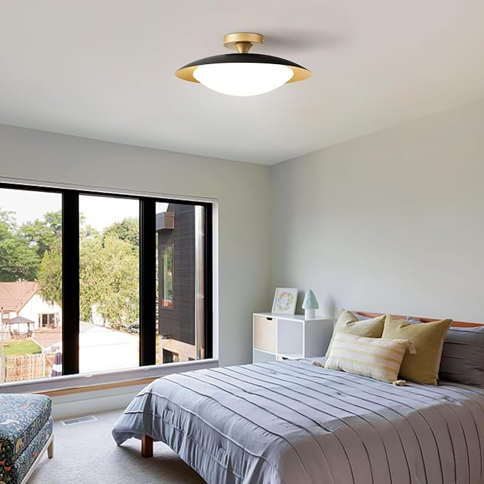 Dimmable Modern Mid-Century LED Ceiling Light, Black and Gold, 15.7 Inch | Semi Flush Mount Ceiling Light, 5CCT 2700K-6000K Lighting Fixtures with Glass Shade for Bedroom Kitchen Living Room