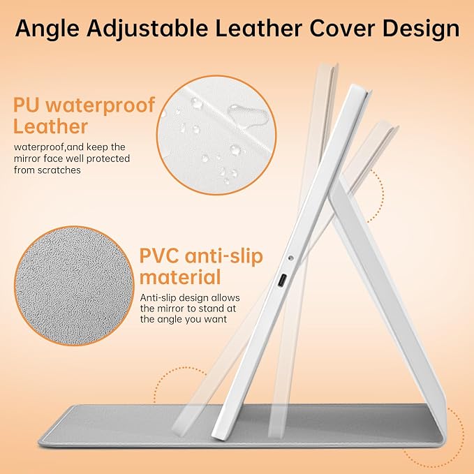 FUNTOUCH 2500mAh Large Rechargeable Travel Makeup Mirror with Light (White) | Portable Makeup Mirror with 10X Magnifying Mirror, 3 Lighting Modes, Tabletop Folding Travel Mirror with PU Leather Cover