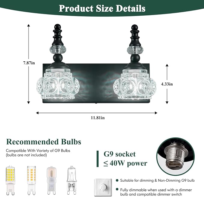 Modern Glass Crystal Bathroom Vanity Light Indoor Wall Lamp Black Vintage Wall Sconces 2-Lights Vanity Lighting Wall Mounted Sconce Wall Lighting