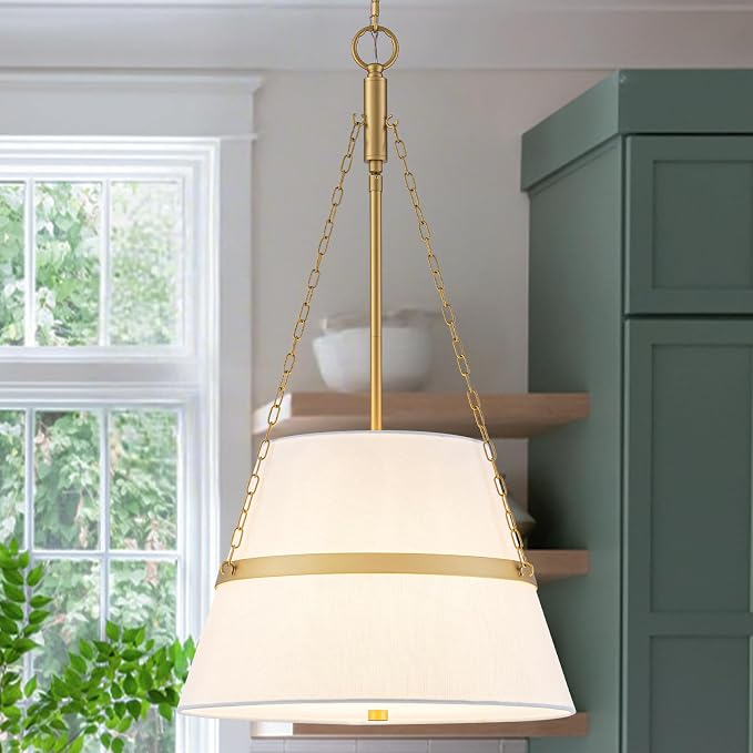 15.35" Gold Drum Chandelier, White Linen Pendant Light for Kitchen Island | Modern Transitional, 4-Light, 3 Side Chains, for Dining Room, Breakfast Nook, Home Office, Adjustable Chain 15.35"W x 28.35"H