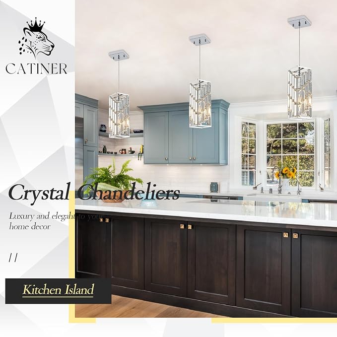 CATINER Chrome Crystal Pendant Light 3-Pack, Kitchen Island, E26 | Chrome crystal pendant lights 3-pack with adjustable 59" cords, E26 base, dimmable for kitchen island lighting