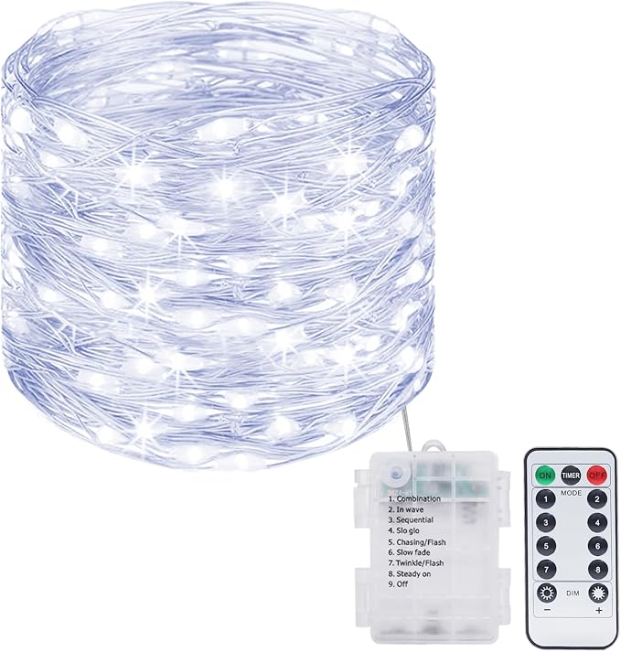 kolpop Fairy Lights Battery Operated with Remote, 39Ft 120LED Battery Powered String Light with Timer, 8 Modes Waterproof Twinkle Christmas Lights for Bedroom Party Indoor, Cool White,1 Pack