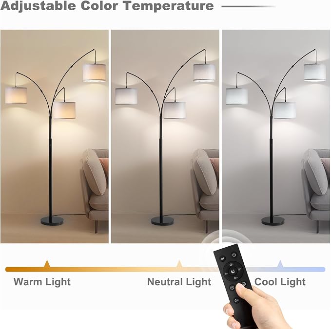 Floor lamp with Remote, 3 Light Arc Floor Lamps for Living Room, 2400LM Tall Standing Floor Lamps with Gray Shades, 80" Large Floor Lamp for Bedroom, Office