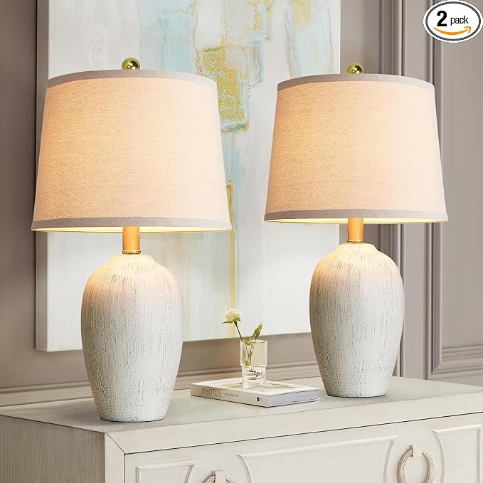 AIEAMPDO 21'' Set of 2 Rustic Ceramic Small Table Lamps for Bedroom | Farmhouse Vintage Nightstand Lamps for Living Room Office Entryway End Table, 2 Bulbs Included