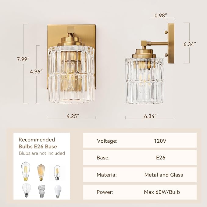 TALOYA Brushed Gold 2 Pack Wall Sconces with Fluted Cylinder Glass Shade | Modern Vanity Lighting Fixtures, Bathroom Lights Over Mirror, Wall Mount Mirror Light Fixtures for Bathroom Hallway Bedroom