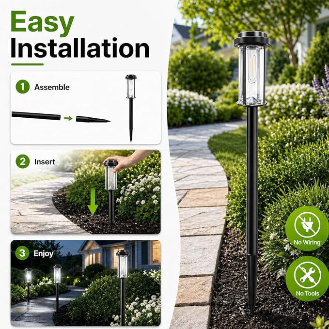 DERAYSION 12 Pack Solar Lights Outdoor, 21" Solar Pathway Lights Outdoor | Waterproof Bright Long-Lasting Auto On/Off Solar Powered Garden Lights for Path, Yard, Walkway, Driveway Decor, Cool White