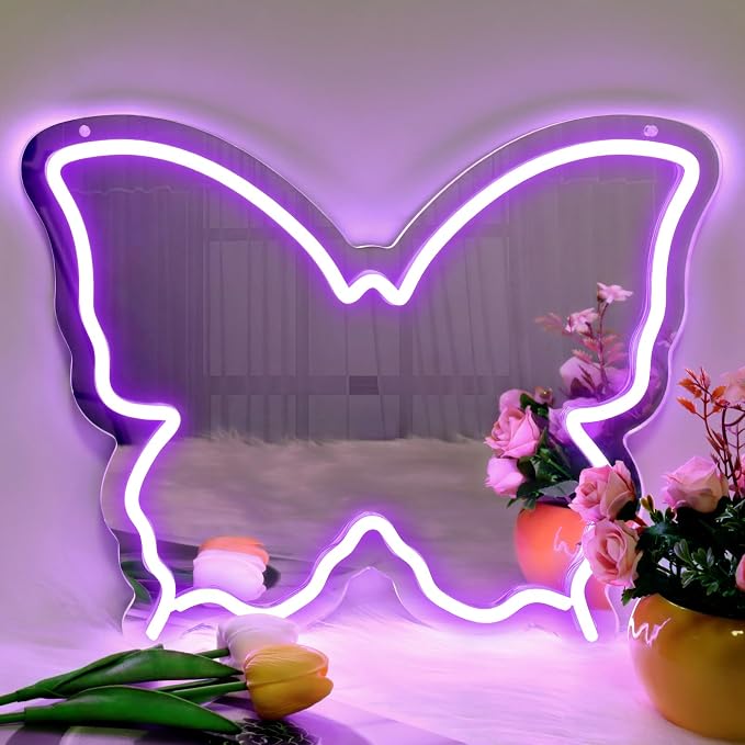 Butterfly Neon Sign Mirror, LED Neon Signs for Wall Decor, 15.7'' x 12'' Dimmable Neon Light for Teen Girls & Kids Birthday Party Gift, Neon Sign for Bedroom Decor, Wall Mirror, USB Powered (Purple)